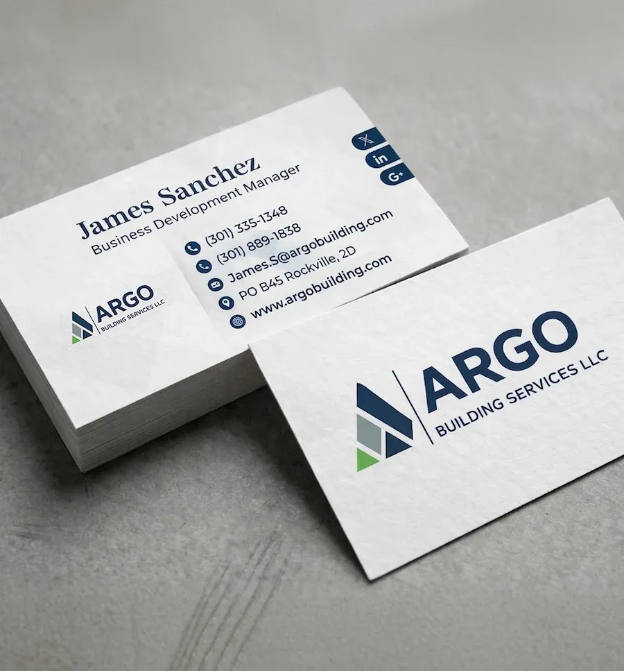 Professional business card design for Argo Building Services in Maryland