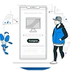 Mobile user flow illustration with a login screen and buttons.