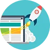 Flat web speed graphic with a launching rocket and performance elements.