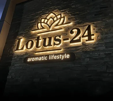 Backlit 'Lotus-24' sign on a dark stone wall.