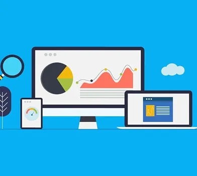 Illustration of dashboards on desktop, tablet, and mobile with performance charts.