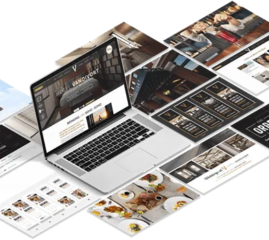 Premium website mockup with editorial layout and multiple views on laptop and tablet.