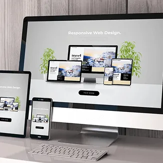 Responsive website mockup showing the same page on desktop, tablet, and mobile.