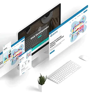 Isometric view of a multipage website with floating screens for different sections.