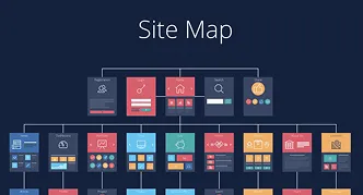 Site map illustration with page modules arranged in color cards.