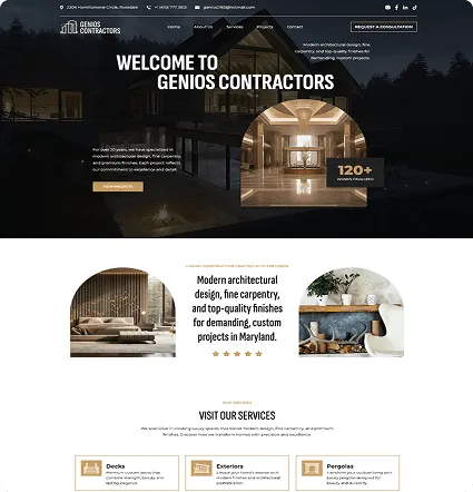 Dark architectural website mockup for Genios Contractors with night hero and services.