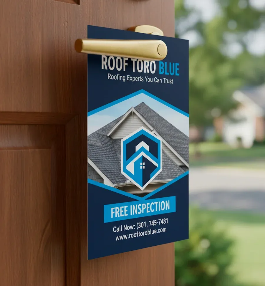 Roofing company door hanger design for Roof Toro Blue in Maryland