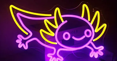 Purple and yellow neon axolotl wall sign.