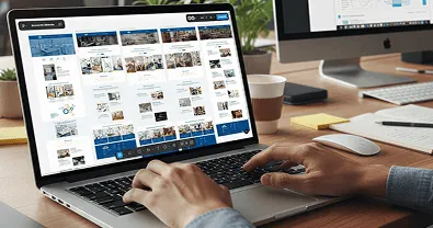 Laptop with UI prototypes on screen and a designer workspace with an extra monitor.