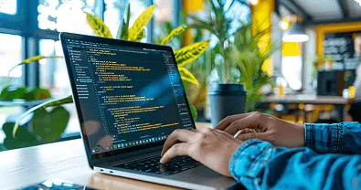 Developer working on a laptop with code on screen at a modern desk.