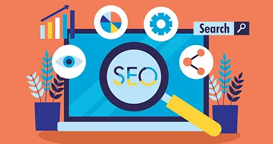 SEO illustration with charts, magnifying glass, and search elements.