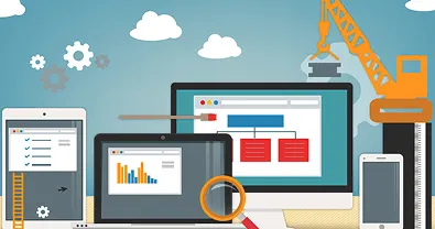 Web maintenance illustration with multiple screens and gears.