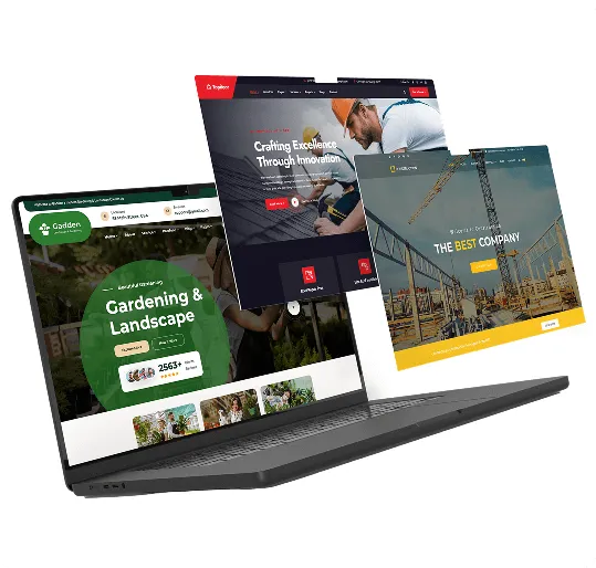 Laptop mockup showing professional services and construction websites on screen.